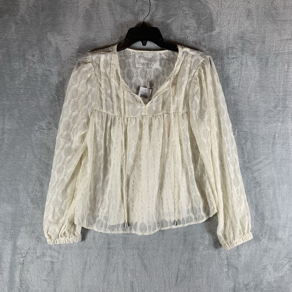 Cupio Women's Blouse Top Lace Boho‎ Peasant Sheer Tank Under S Ivory Metallic